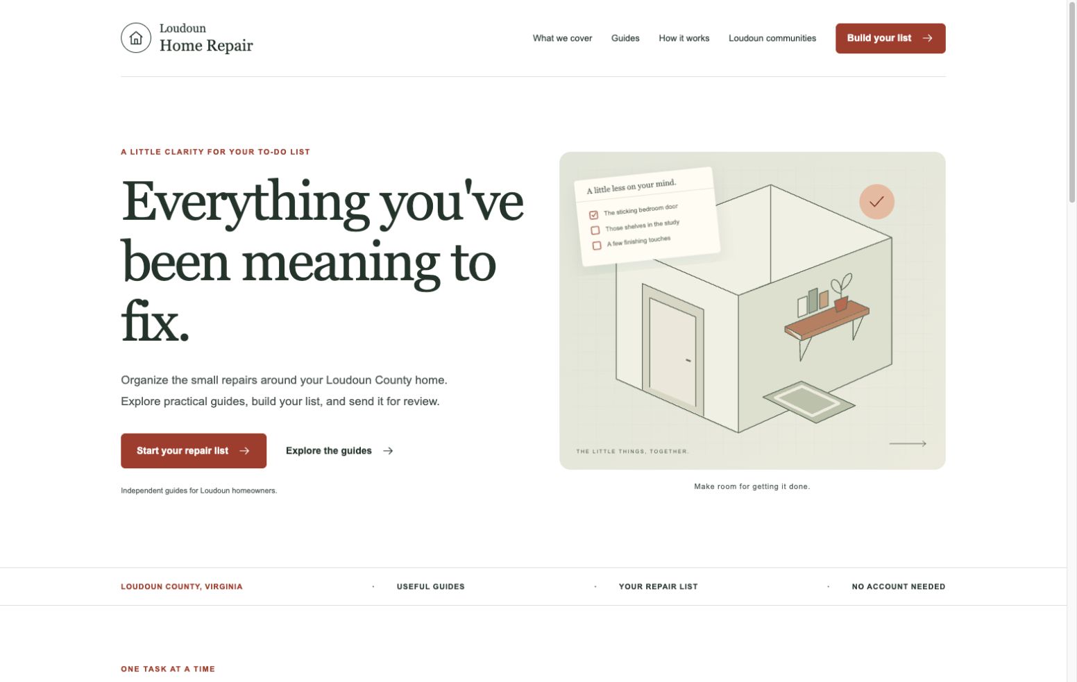 Screenshot of the Loudoun Home Repair homepage with the headline Everything you've been meaning to fix, a repair list checklist and an illustrated room.
